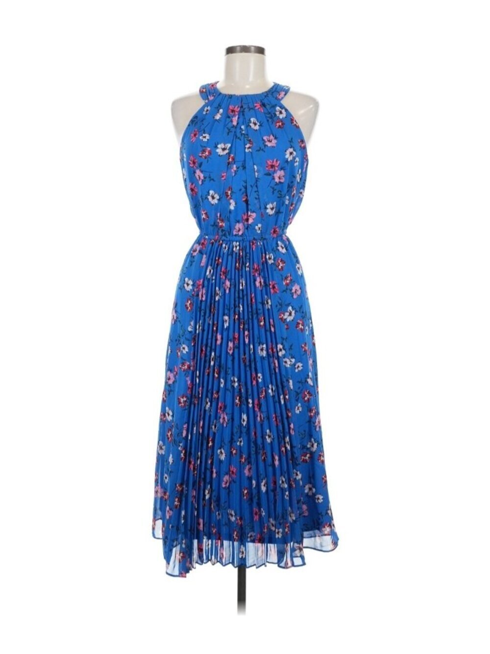 INC International Concepts Floral Pleated Midi Dress Blue Size 10 Halter Neck